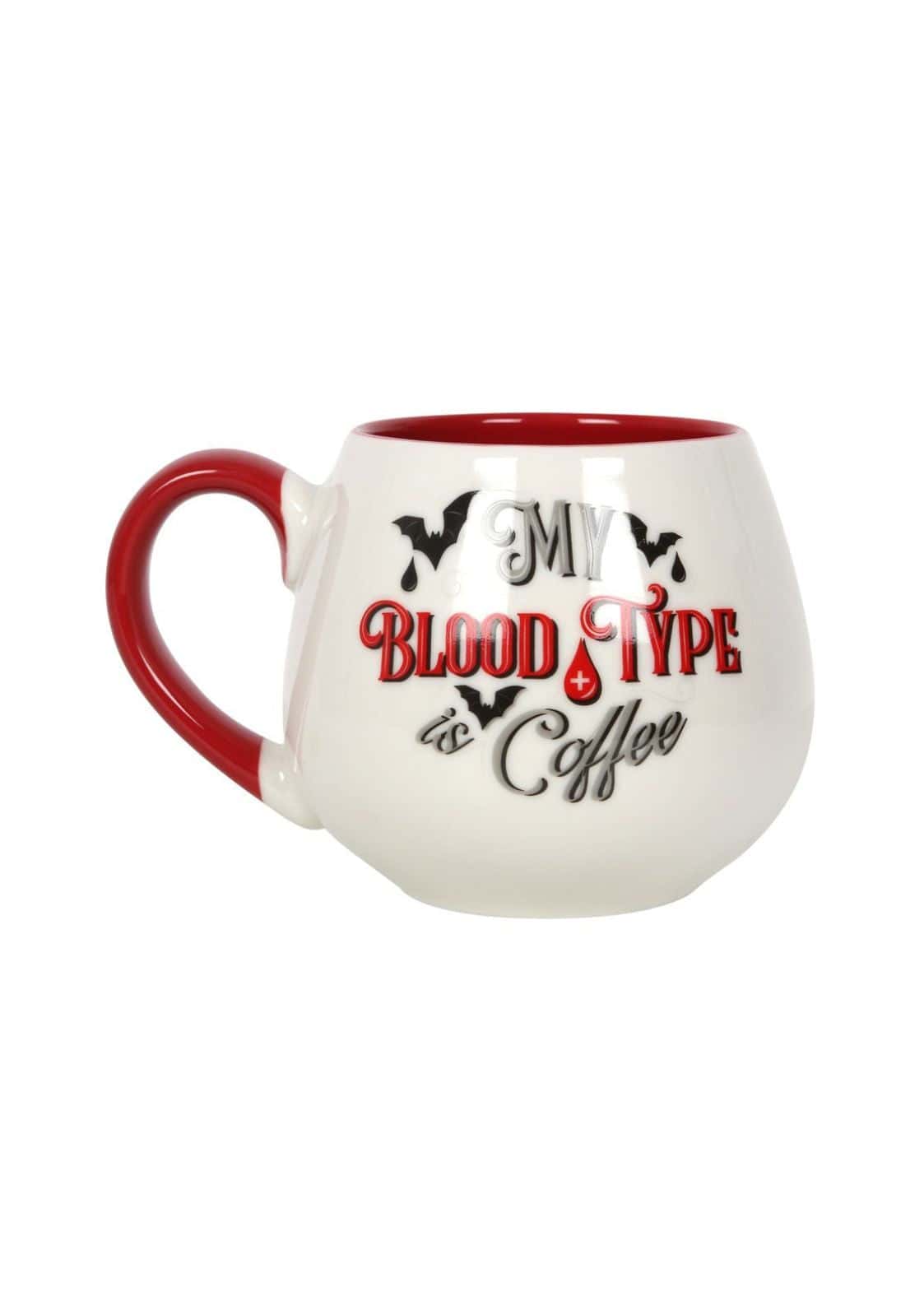 Weiße keramik kaffeetasse mit rotem griff und schriftzug my blood type is coffee mit fledermausmotiven